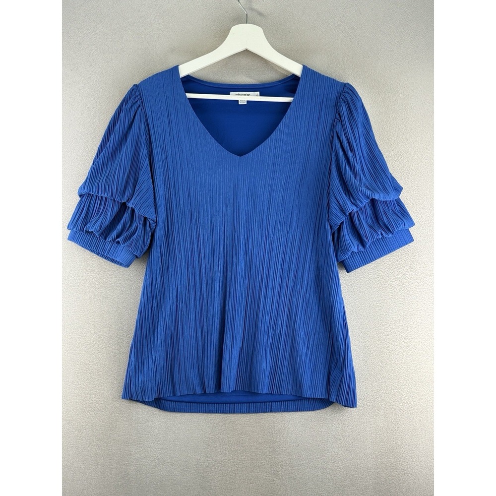 Chico's Women's Sz M Blue Gathered Tiered Sleeves V-Neck Lined Blouse Top EUC